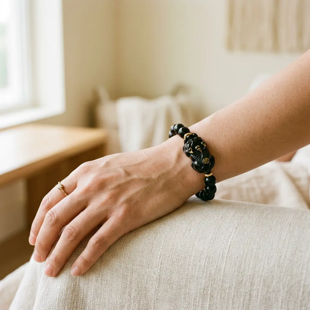 Close-up of a woman's left wrist wearing a black obsidian Pixiu bracelet, with the golden winged creature's head facing outward toward the little finger, natural light background
