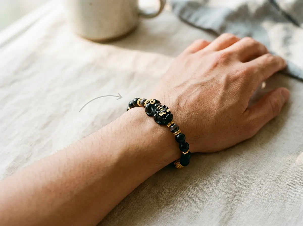Pixiu bracelet worn on a left wrist with the Pixiu head facing outward toward the little finger.