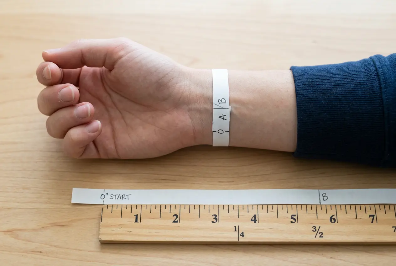 Measuring a wrist with a paper strip held against a ruler to find bracelet size in inches