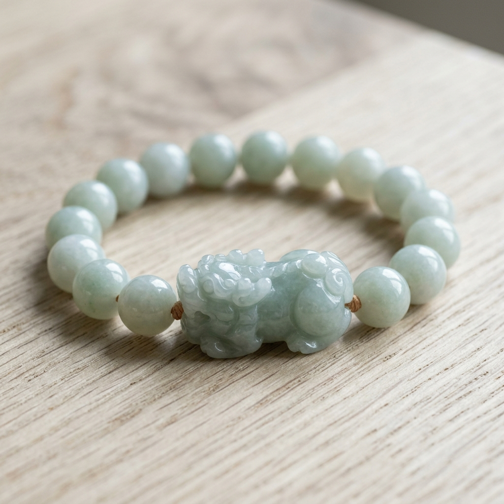 Close-up of a translucent green jade pixiu bracelet with an oily luster