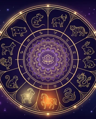 Celestial Chinese zodiac wheel with all twelve animal signs for the January 2027 horoscope