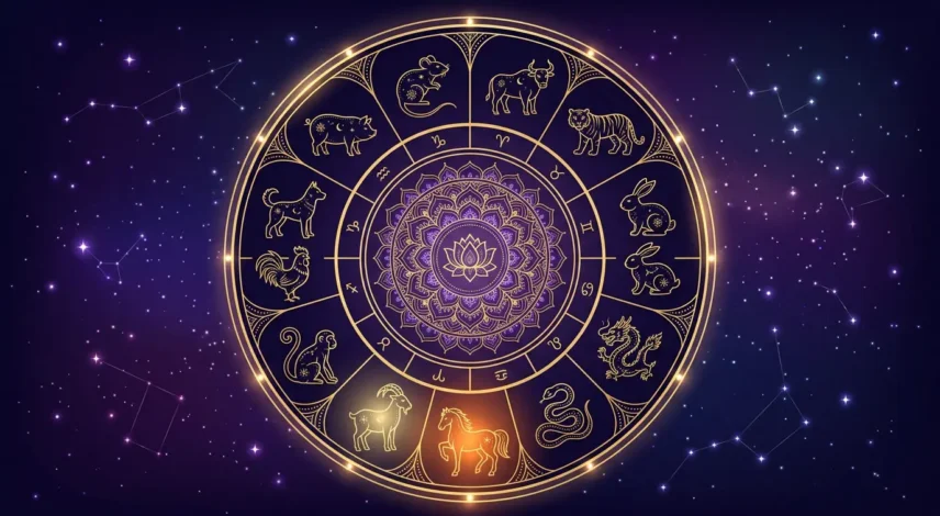 Celestial Chinese zodiac wheel with all twelve animal signs for the January 2027 horoscope