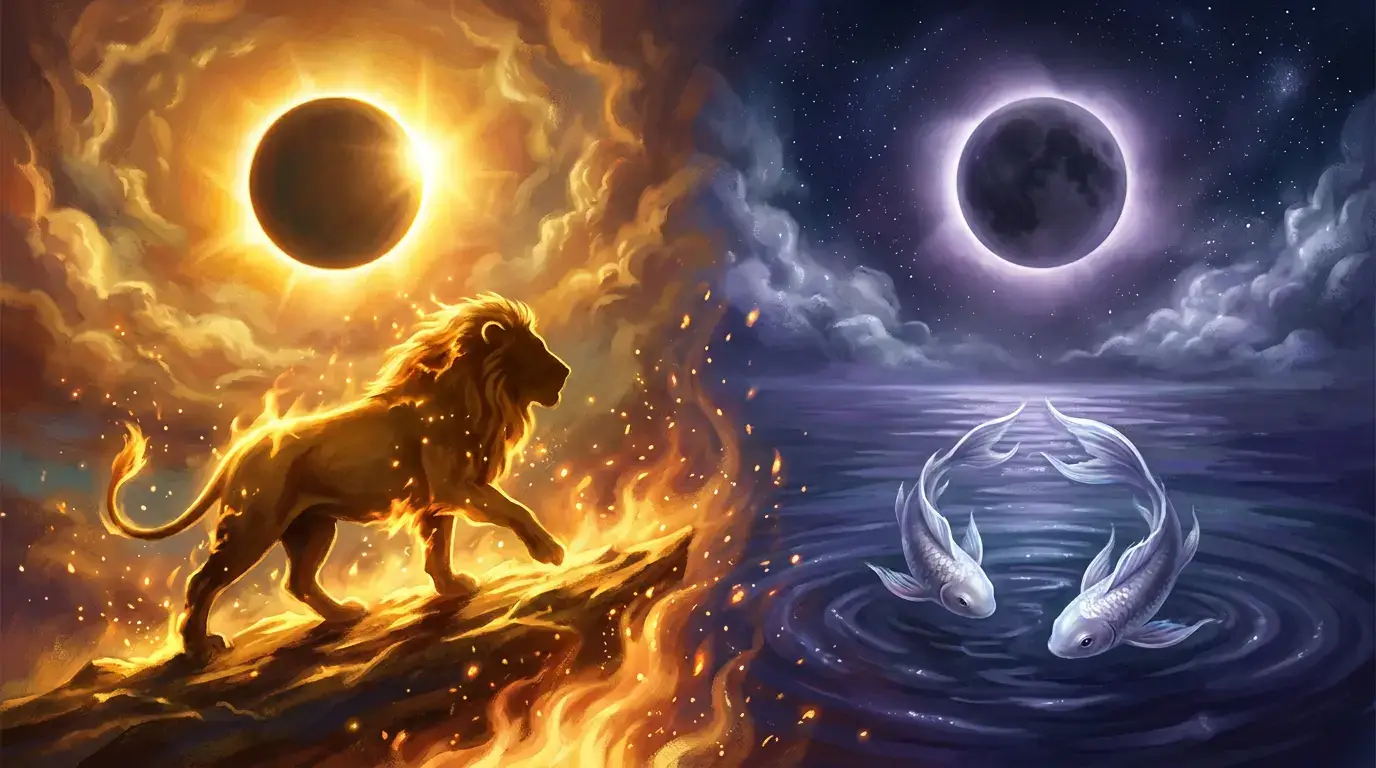 Symbolic illustration of the Leo solar eclipse and Pisces lunar eclipse representing courage and emotional release in August 2026