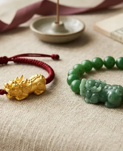 A male one-horn Pixiu bracelet and a female two-horn Pixiu bracelet shown side by side on linen.