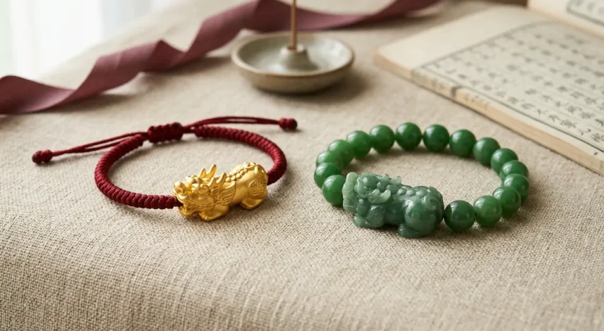 A male one-horn Pixiu bracelet and a female two-horn Pixiu bracelet shown side by side on linen.