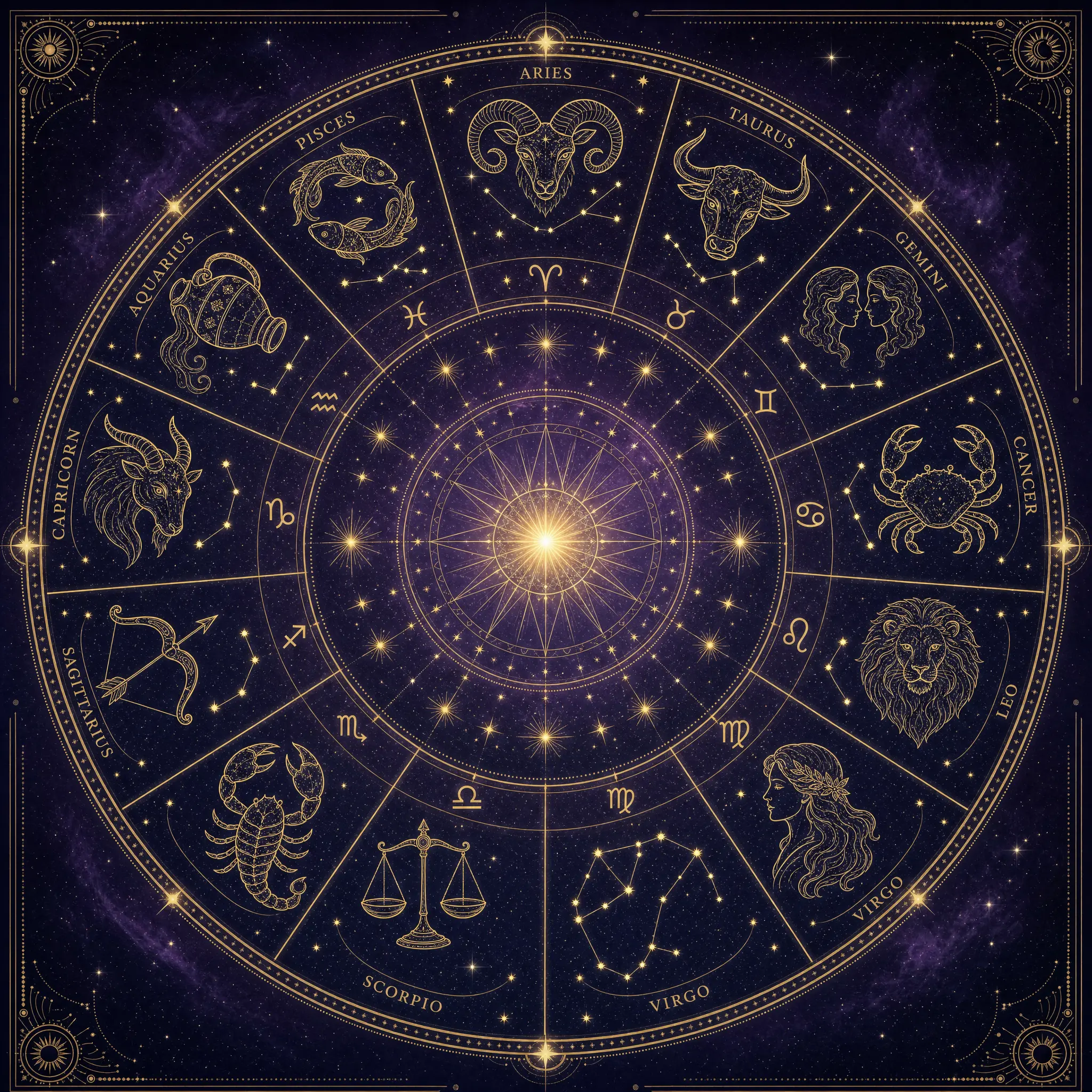 Kolo znamení zvěrokruhu pro listopad 2026 zobrazující všech 12 astrologických symbolů ve zlaté barvě na tmavě švestkovém pozadí