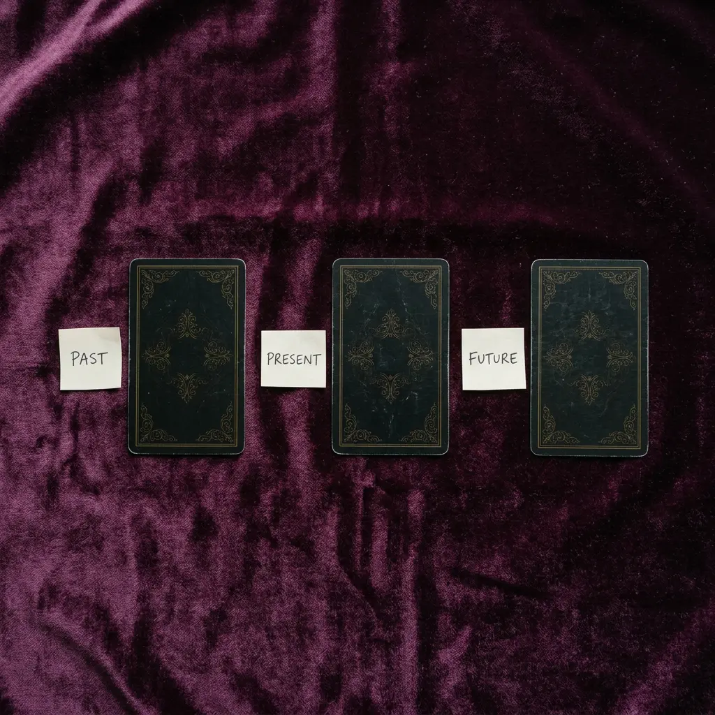 Three tarot cards arranged left to right for a past, present, future reading