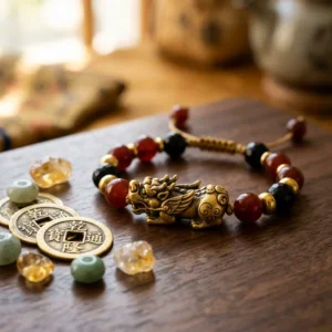 Feng shui Pixiu karkötők válogatott, lapos elrendezésben, fekete obszidián, zöld jáde, arany és piros zsinóros stílusokban, kínai érmedíszekkel díszített régi pergamenre rendezve.