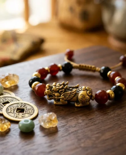 A curated flat-lay of feng shui Pixiu bracelets including black obsidian, green jade, gold, and red string styles arranged on aged parchment with Chinese coin accents