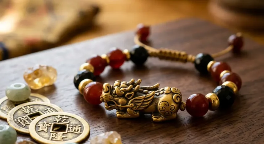 Pixiu Bracelet Chinese Zodiac Wealth Charm 2026 A curated flat-lay of feng shui Pixiu bracelets including black obsidian, green jade, gold, and red string styles arranged on aged parchment with Chinese coin accents