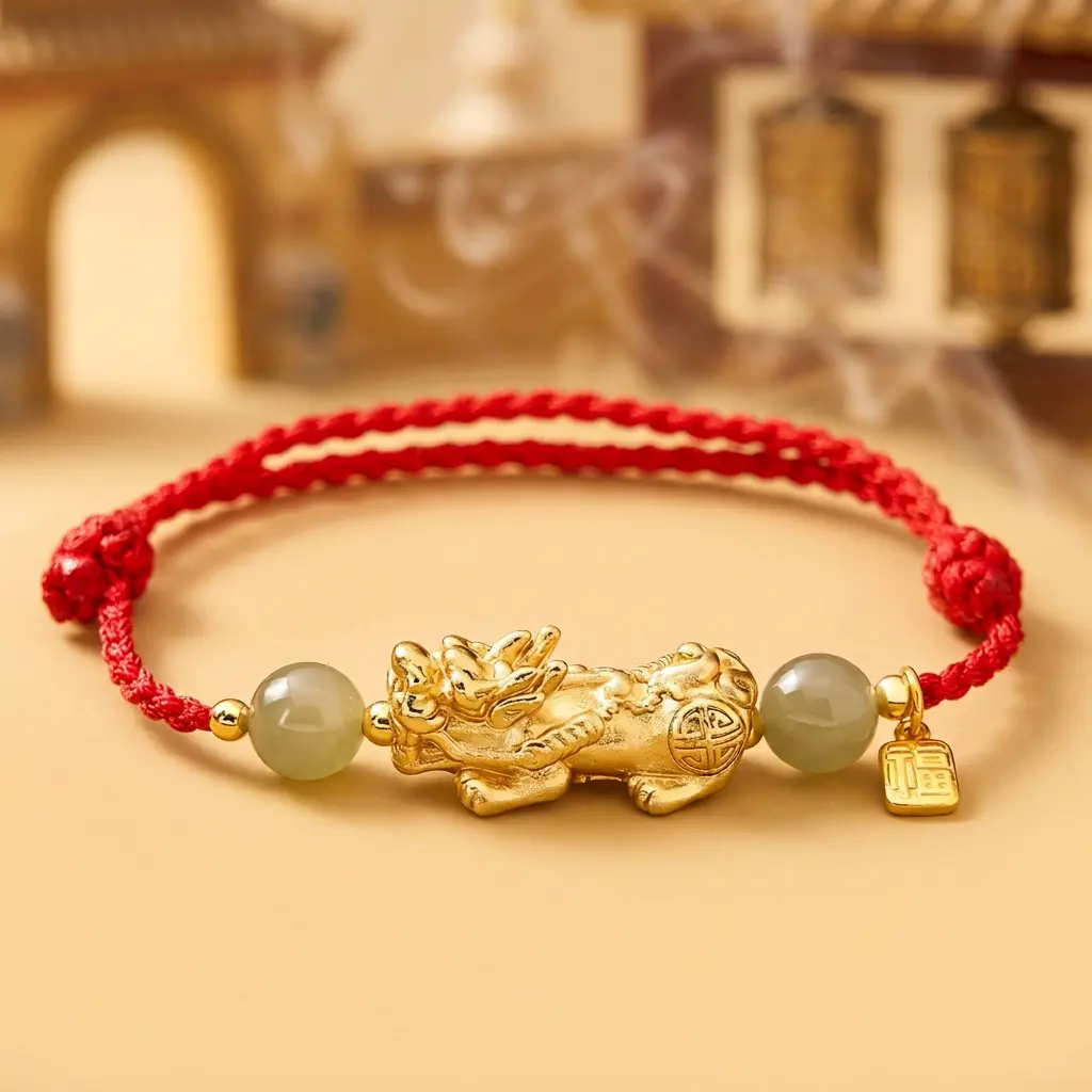 Pixiu Fu Red String Bracelet at a Tibetan temple with incense PotalaStore Feng shui Pixiu red string bracelet with jade beads and Fu charm at a Tibetan temple with incense smoke