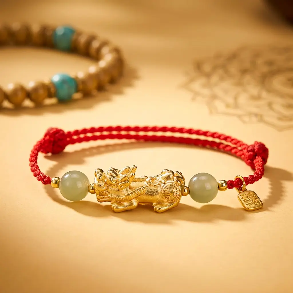 Pixiu Fu Red String Bracelet close-up — jade & Fu charm PotalaStore Close-up of the copper Pixiu, natural jade beads and Fu charm on an adjustable red string bracelet from PotalaStore