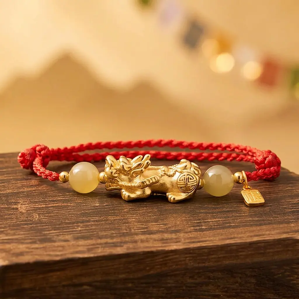 Pixiu Fu Red String Bracelet on wood with Tibetan mountains PotalaStore Copper Pixiu red string bracelet with jade beads and Fu charm on a wood block, Tibetan mountains and prayer flags behind