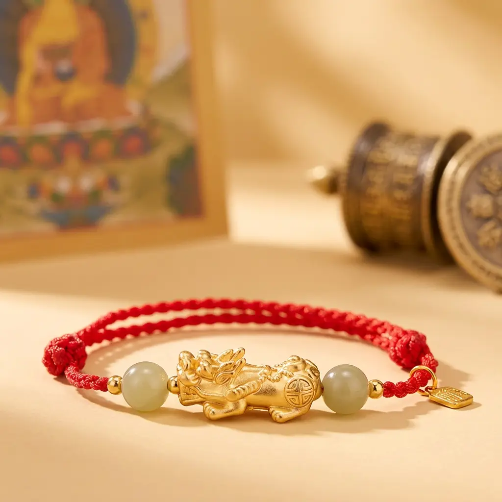 Pixiu Fu Red String Bracelet with Tibetan thangka & prayer wheel PotalaStore Copper Pixiu red string bracelet with jade beads and Fu tag beside a Tibetan thangka painting and prayer wheel