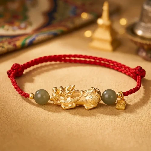 Copper Pixiu red string bracelet with jade beads and Fu tag beside a golden Tibetan stupa and colorful thangka