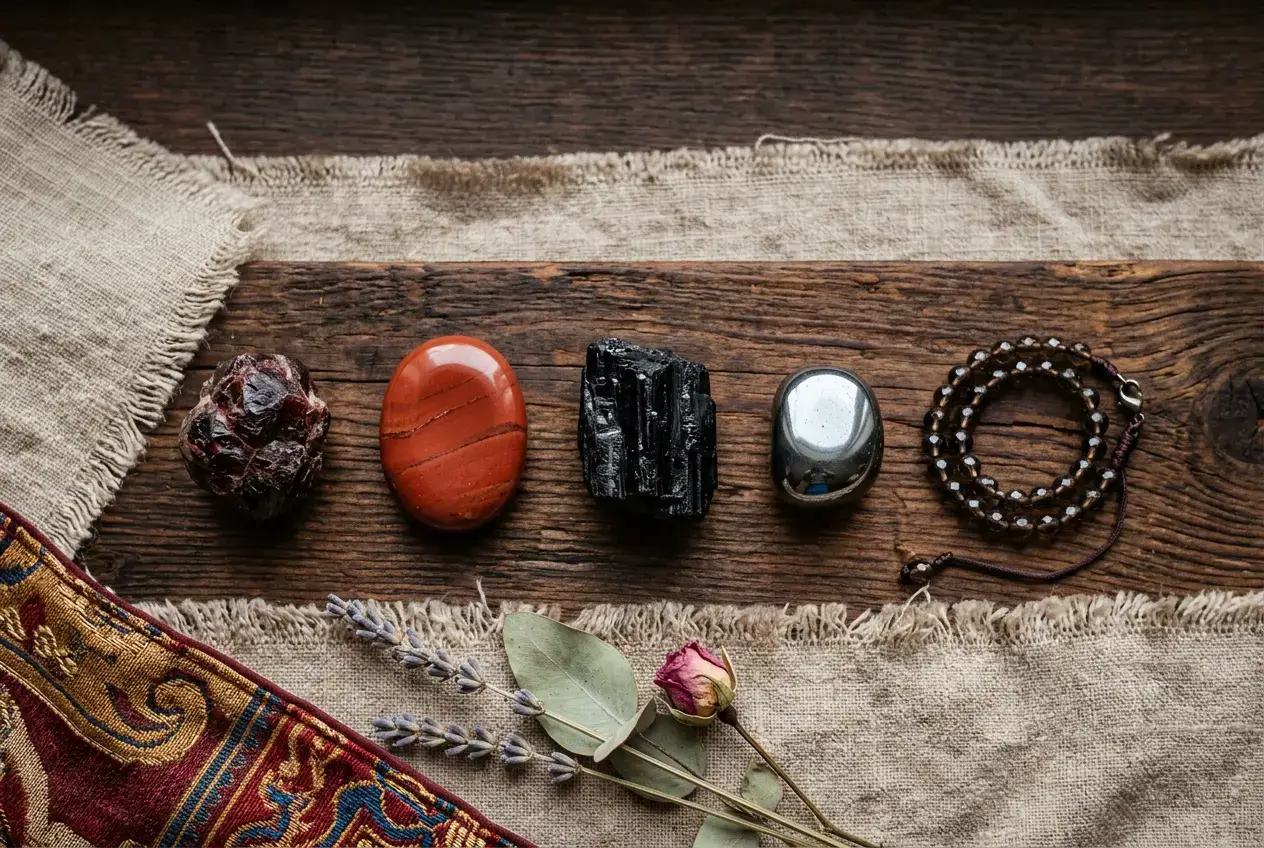 Root chakra grounding crystals: garnet, red jasper, black tourmaline, hematite, and smoky quartz