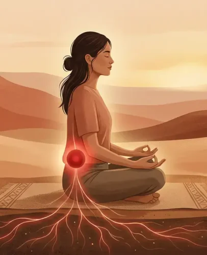 Person meditating with a glowing red root chakra at the base of the spine, rooted into the earth