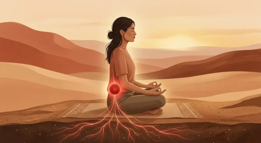 Root Chakra Meditation and Grounding Person meditating with a glowing red root chakra at the base of the spine, rooted into the earth