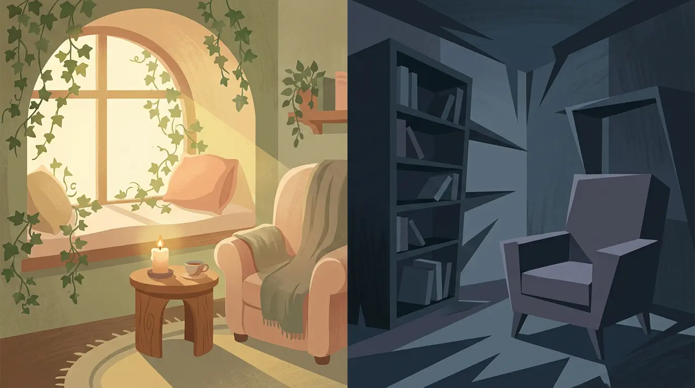 A split-scene illustration contrasting a sunlit corner with flowing plants representing sheng chi on the left, and a dark room with sharp-cornered furniture pointing at a chair representing sha chi on the right.