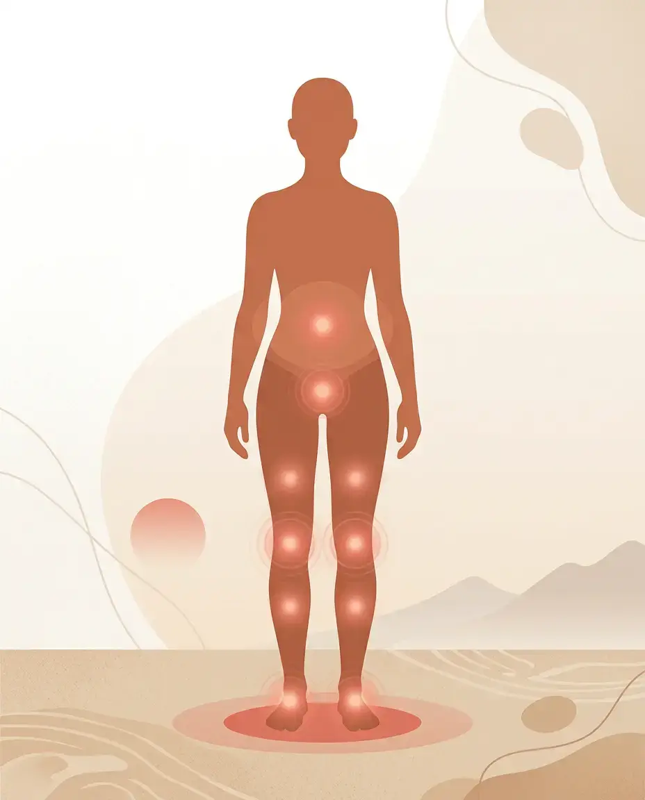 Body chart of blocked root chakra signs, from lower-back pain to the legs and feet