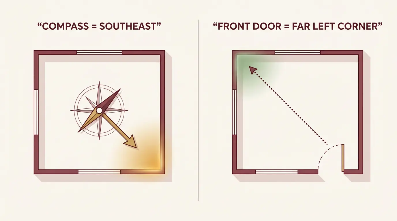 Comparison of the compass southeast method and the front-door left-corner method for the feng shui wealth corner.