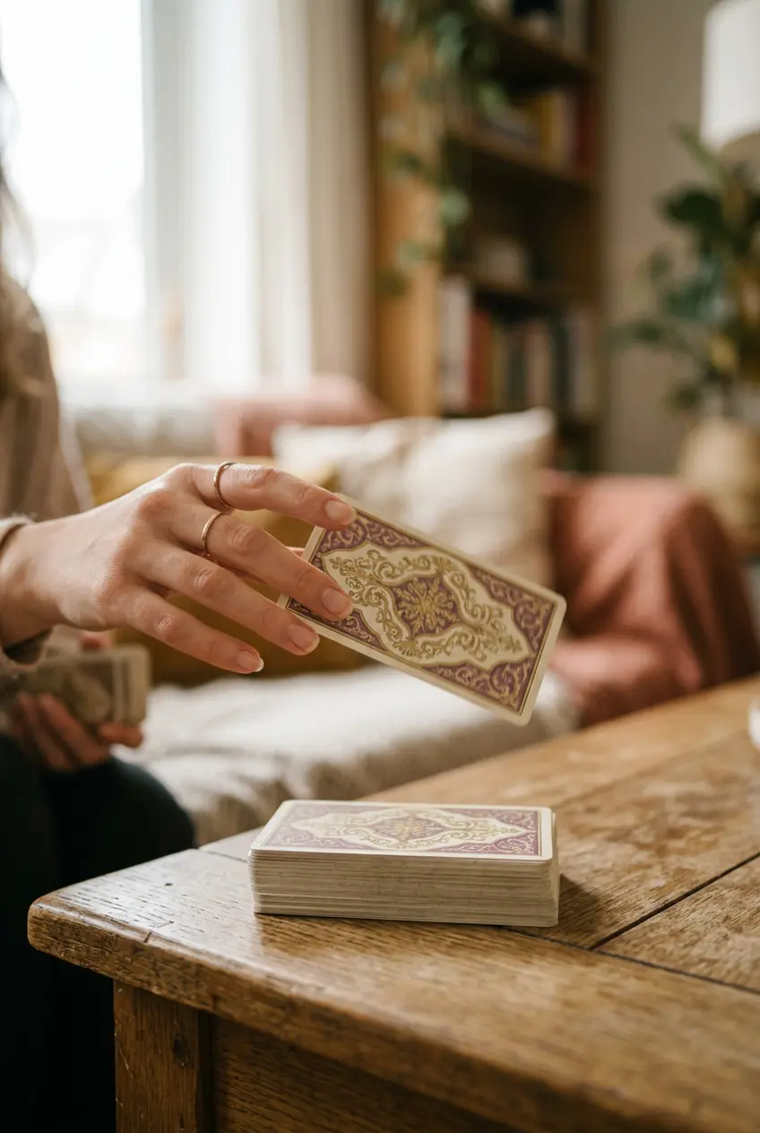 A single tarot card being drawn from the deck as a beginner's starting practice