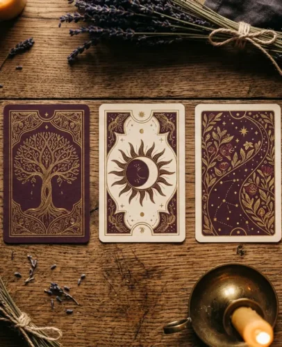 Tarot cards laid out in a beginner spread on a wooden table with candles