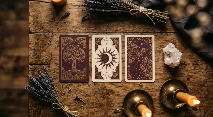 Tarot Spreads for Beginners_ A Complete Layout Guide Tarot cards laid out in a beginner spread on a wooden table with candles