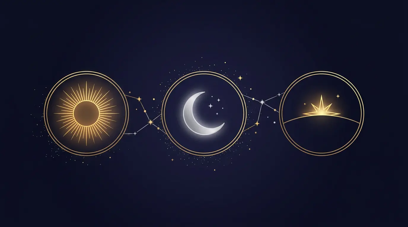 The Big Three in a birth chart: Sun for identity, Moon for emotions, Rising for first impressions