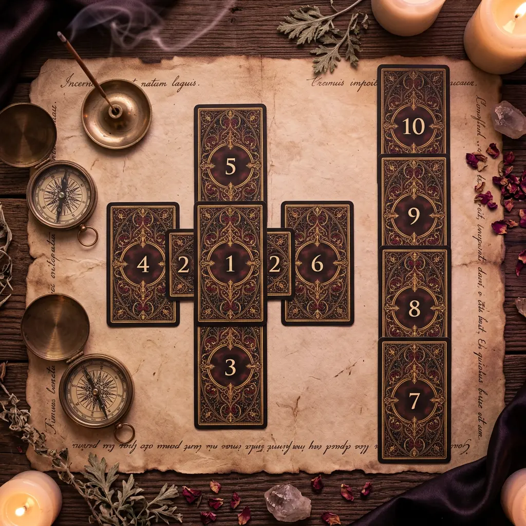Ten tarot cards arranged in the classic Celtic Cross pattern with a cross and staff formation
