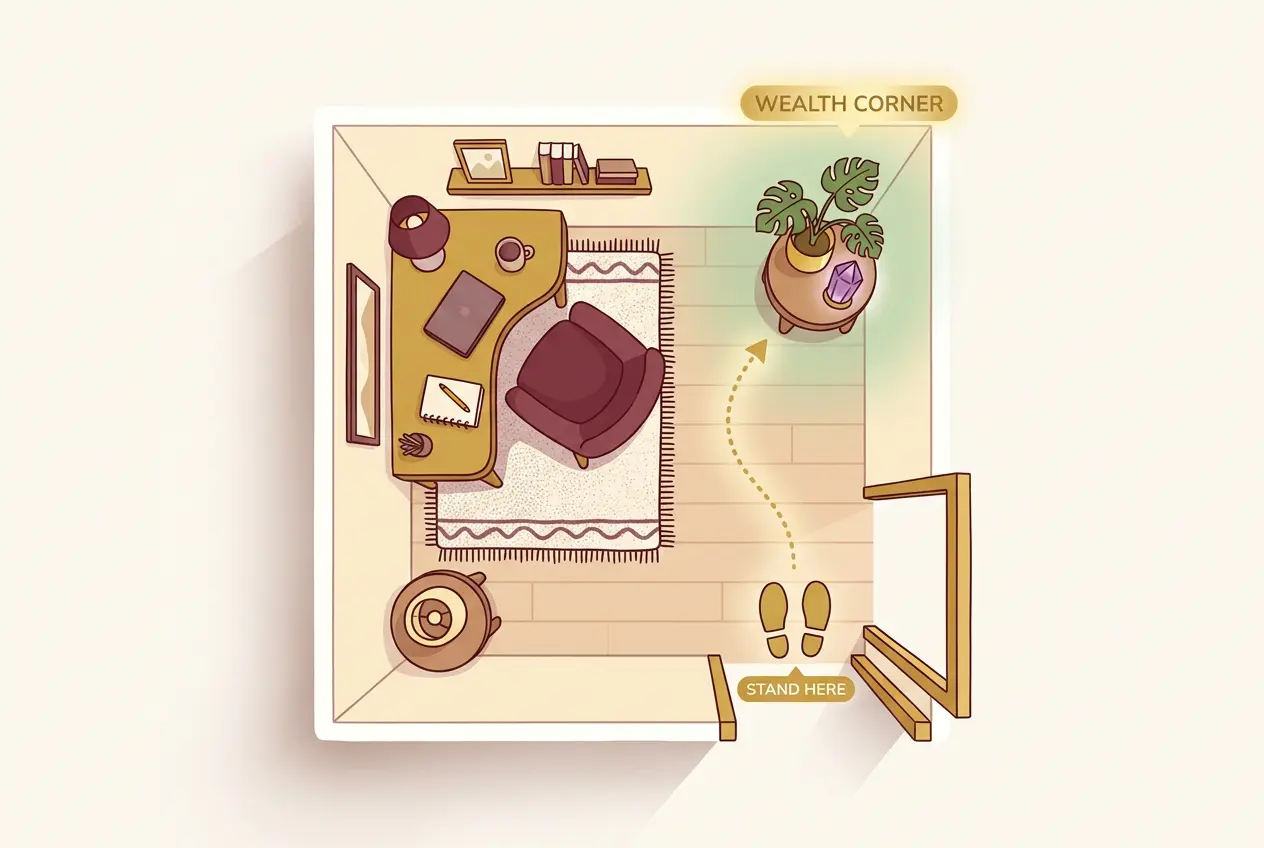 Overhead diagram showing where to stand in a doorway to find the feng shui wealth corner in a room.