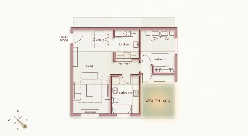 The Feng Shui Wealth Corner on a Bagua Map Bagua map overlaid on a home floor plan with the southeast feng shui wealth corner highlighted.