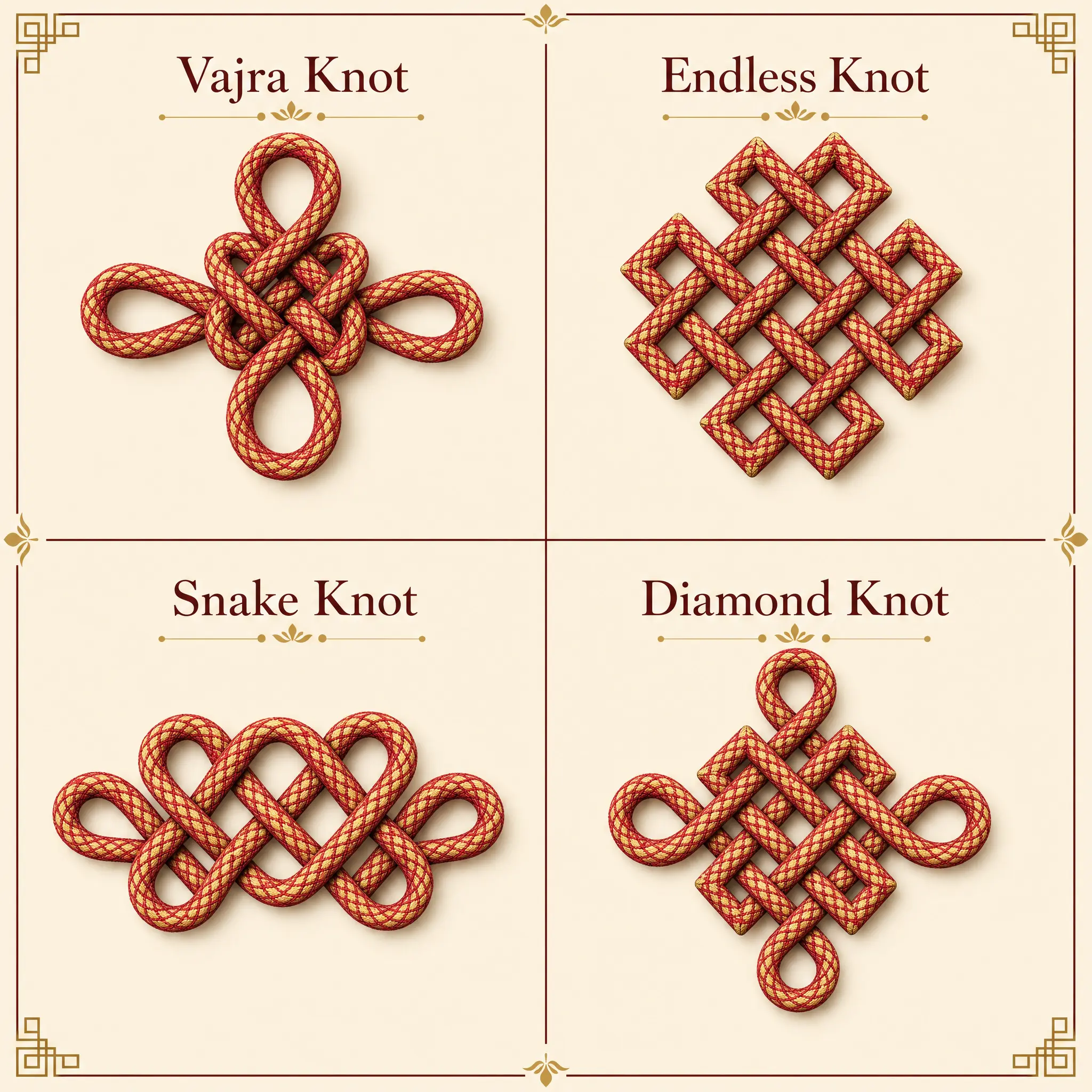 Labeled diagram comparing four Tibetan bracelet knots: Vajra, endless, snake, and diamond button knots
