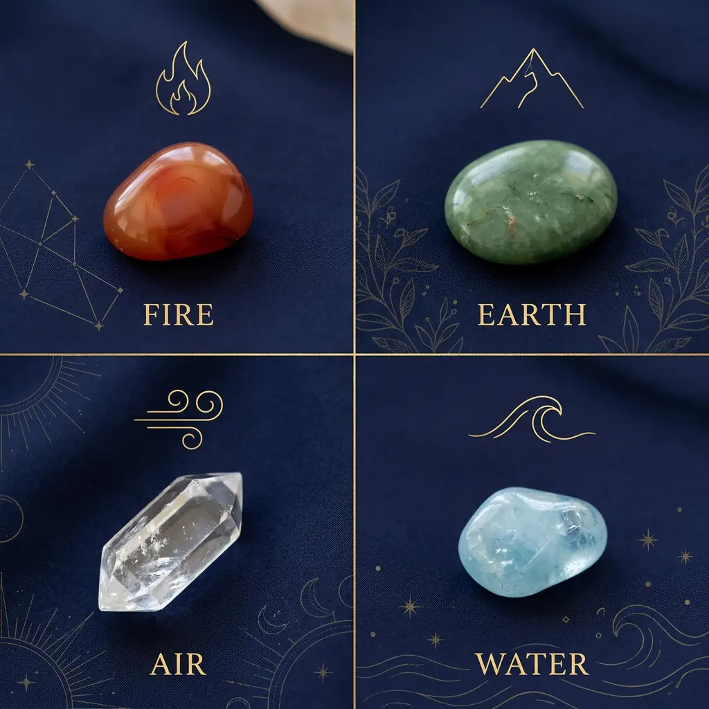 Four astrological elements paired with crystals: carnelian fire, jade earth, quartz air, aquamarine water