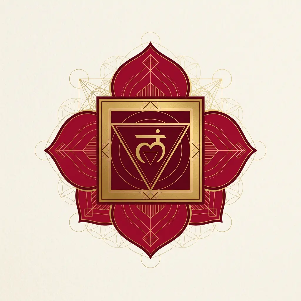 Muladhara root chakra symbol, a red four-petal lotus with a downward triangle inside a square