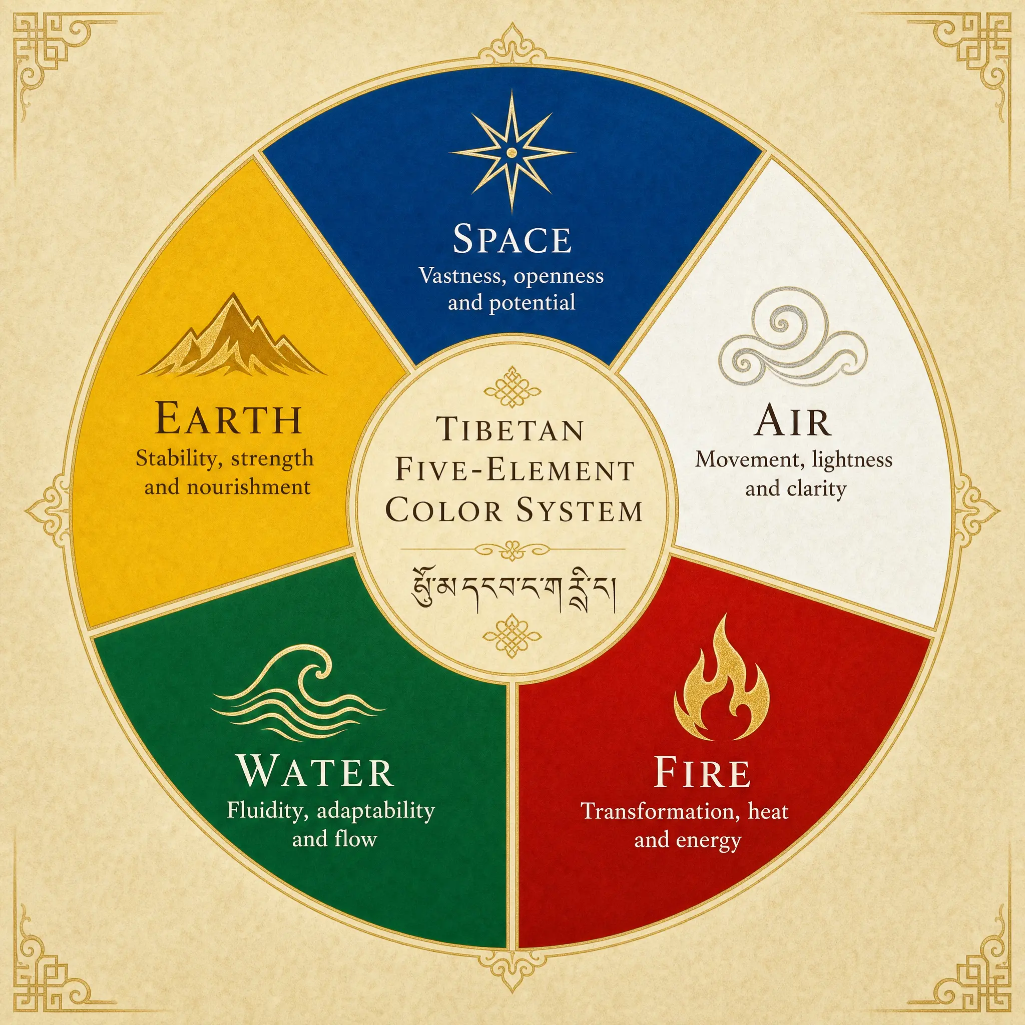 Infographic mapping five Tibetan colors to five elements: blue space, white air, red fire, green water, yellow earth