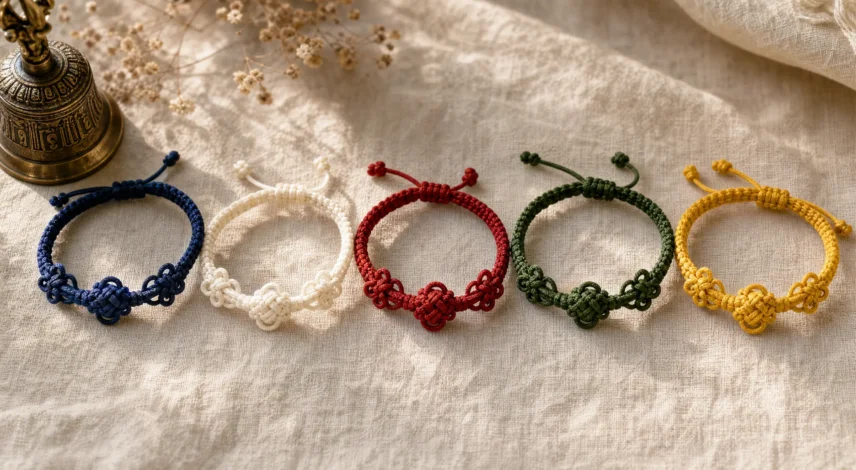 Tibetan Braided Bracelets in the Five Sacred Colors Five handwoven Tibetan braided bracelets in blue, white, red, green, and yellow arranged on natural linen
