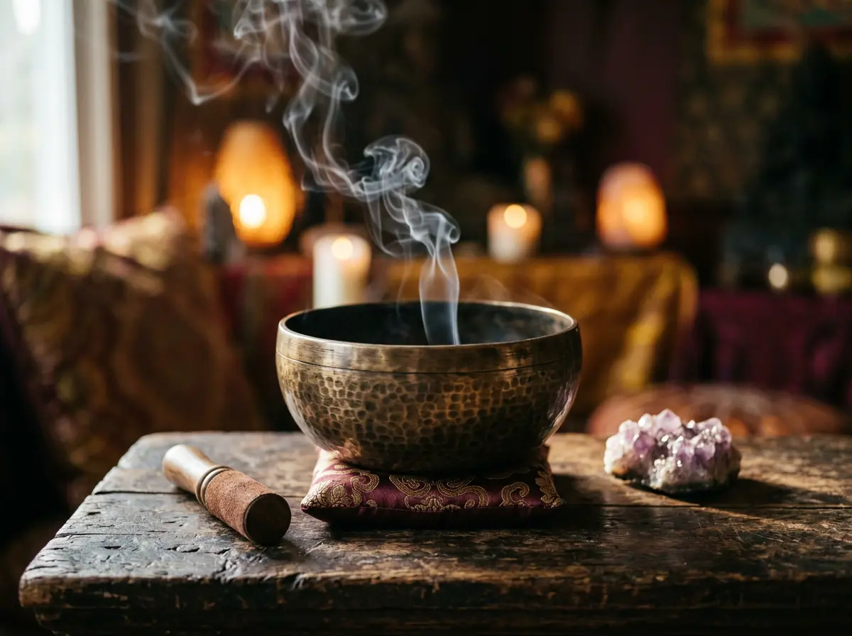 A hand-hammered Tibetan singing bowl resting on a wooden surface beside incense smoke and crystals, used in a ritual space to clear stagnant chi — a monastery-blessed tool for energy work.