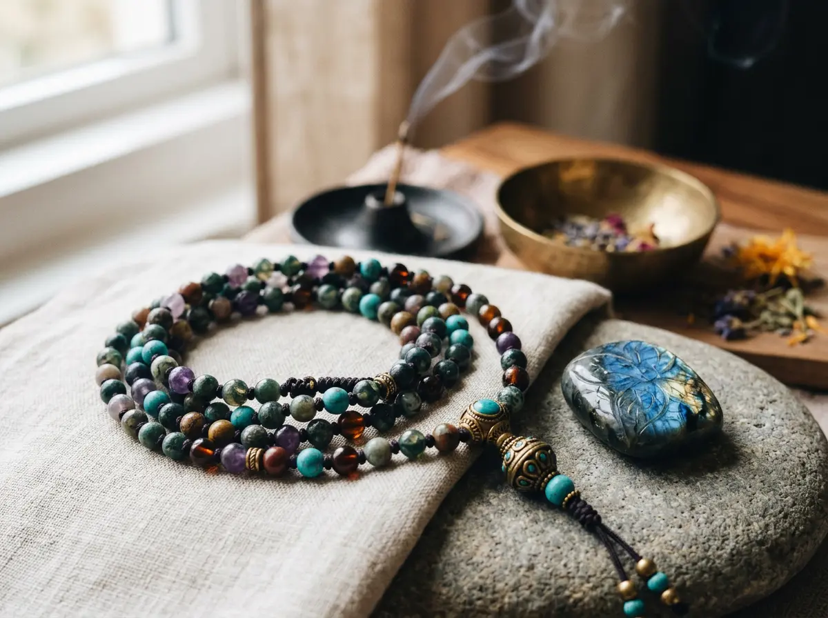 A Tibetan mala with 108 beads and a zodiac crystal on a calm surface for daily astrology practice