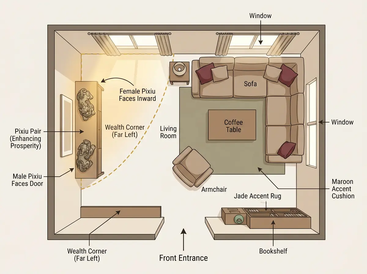 Top-down home layout with a male Pixiu facing the door and a female Pixiu facing inward in the wealth corner.
