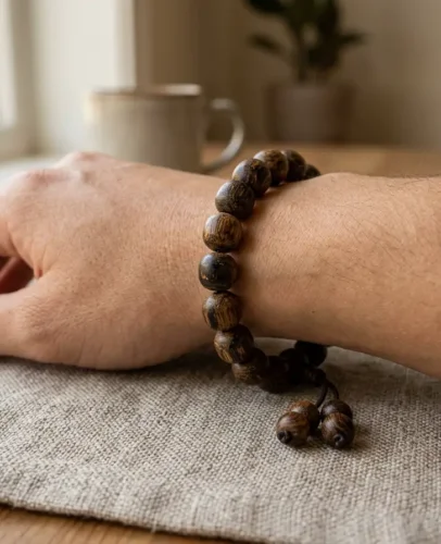 Dark resinous agarwood bracelet worn on a wrist in soft natural morning light