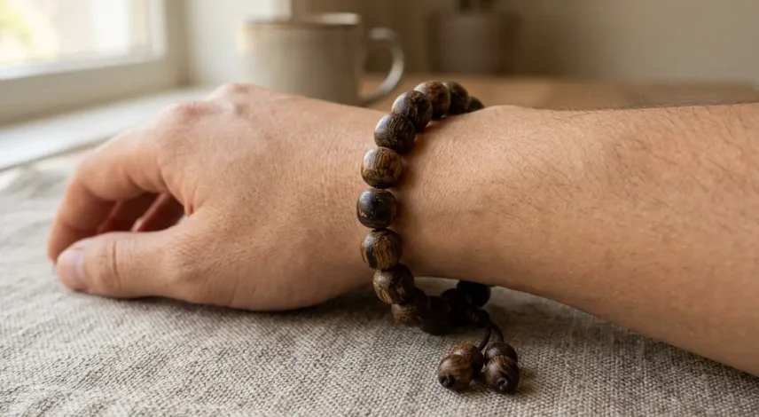 agarwood-bracelet-benefits-hero Dark resinous agarwood bracelet worn on a wrist in soft natural morning light