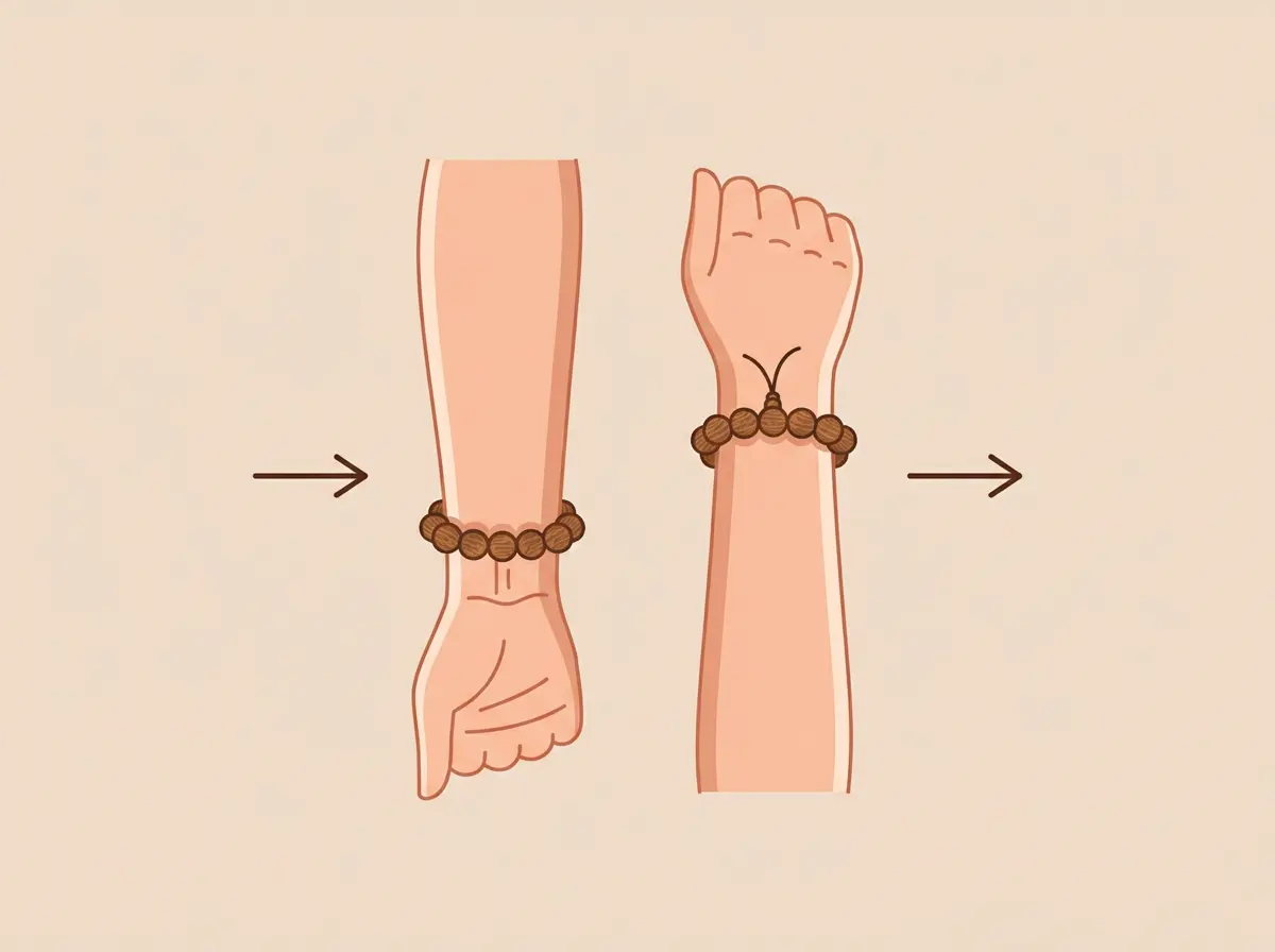 Diagram comparing the left wrist to receive calming energy and the right wrist to project energy when wearing an agarwood bracelet