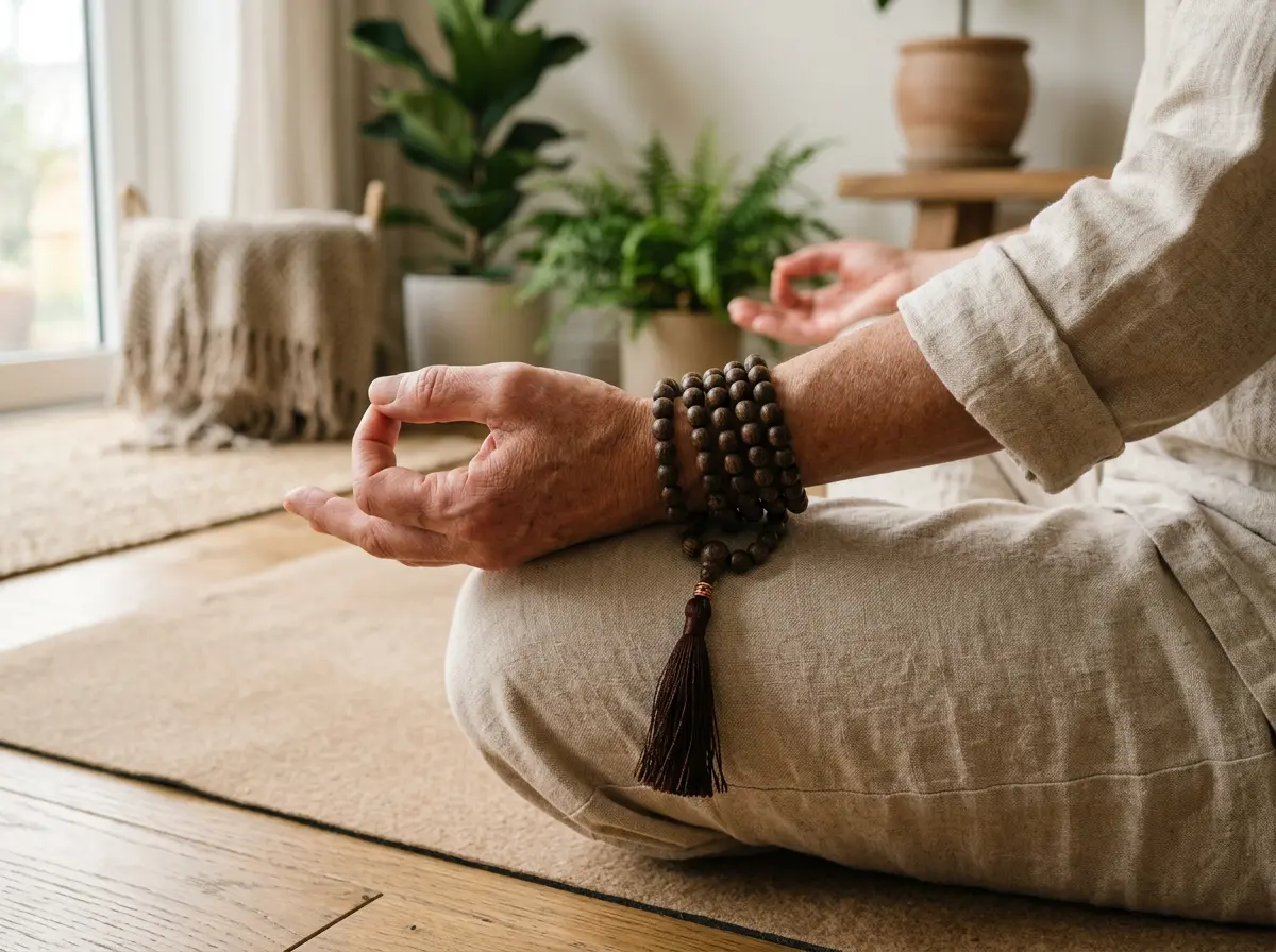 Hands holding an agarwood mala bracelet during quiet meditation practice