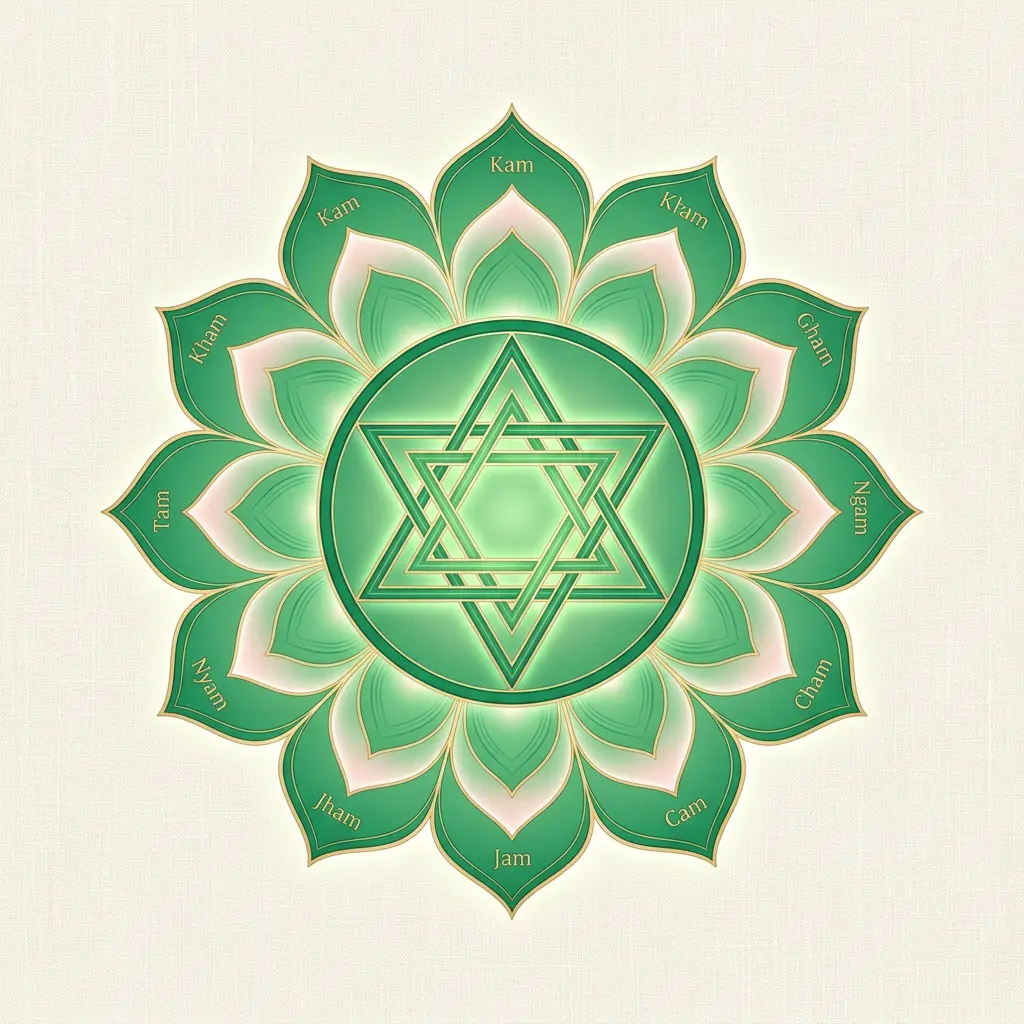 The Anahata heart chakra symbol, a twelve-petaled green lotus with two overlapping triangles