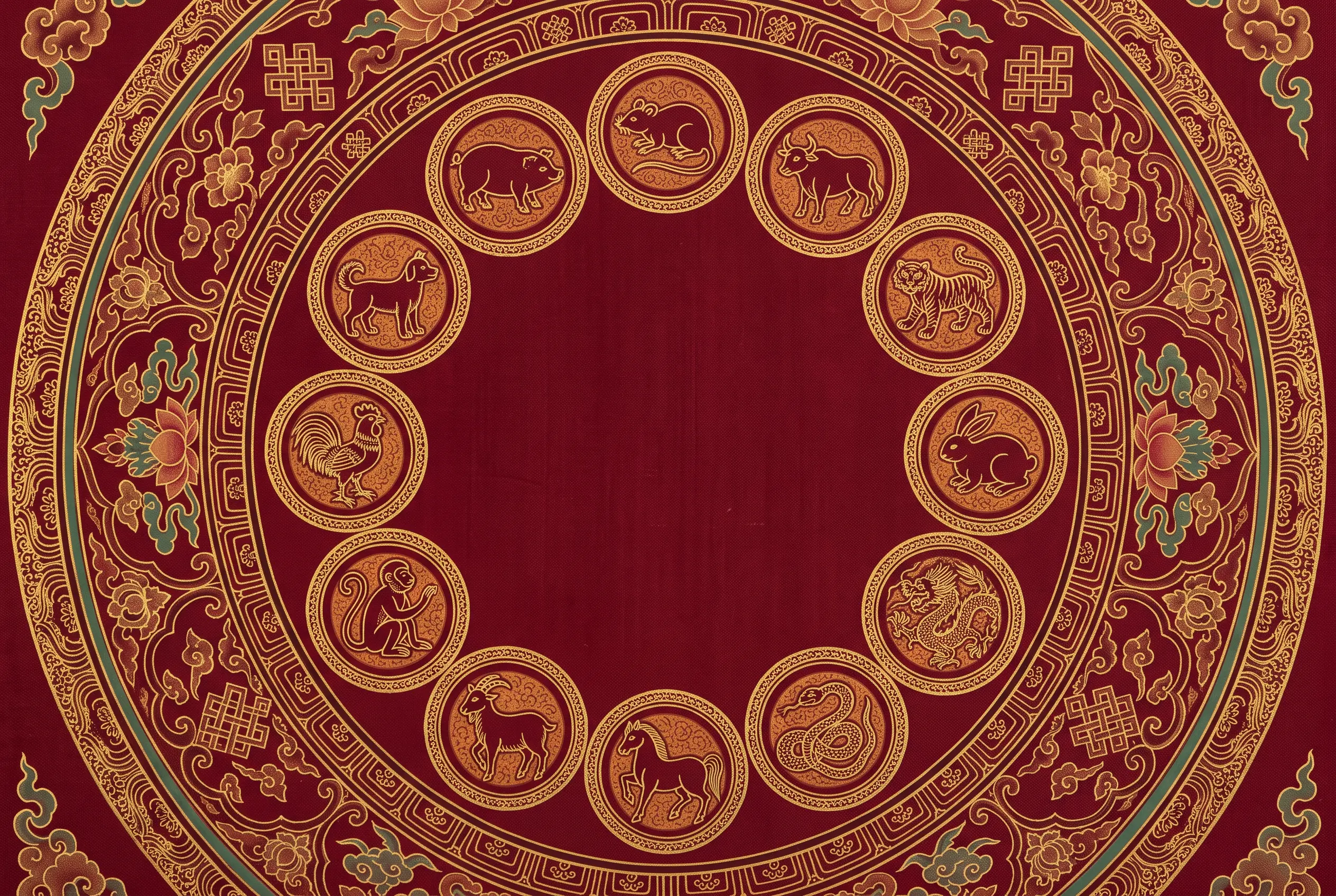 Red, gold, and green gemstones with Five Elements symbols, showing the lucky colors for the April 2027 Chinese horoscope