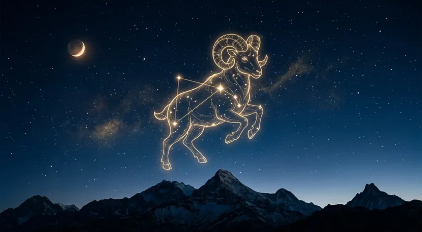 aries-2027-horoscope-celestial-ram-hero Golden Aries ram constellation glowing over a deep indigo Himalayan night sky for the 2027 horoscope