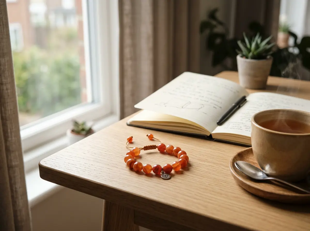 Orange-red Carnelian crystal bracelet resting on a minimalist wood work desk in soft morning light