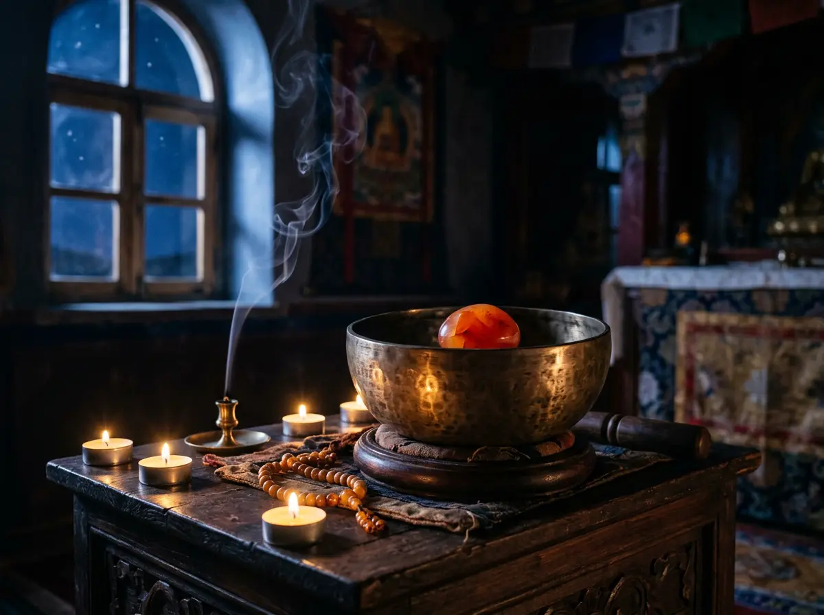 A Carnelian crystal resting inside a bronze Tibetan singing bowl beside burning incense under soft moonlight