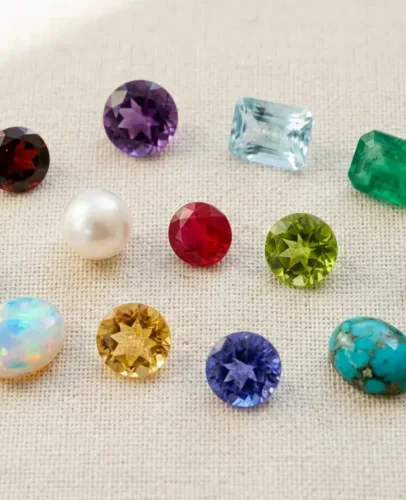 Assorted colorful birthstones for different months arranged on a neutral linen background